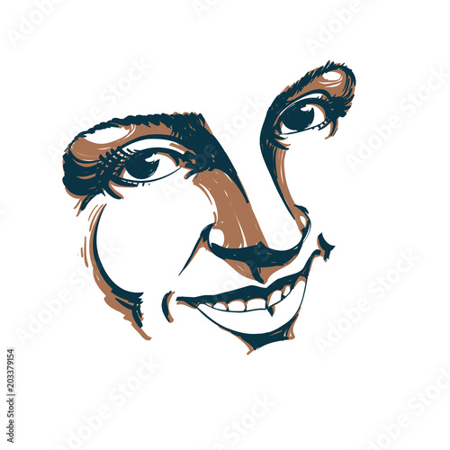Hand-drawn illustration of woman face, black and white mask with emotions. Features of beautiful girl, posing for portrait. Caucasian type model posing for portrait.