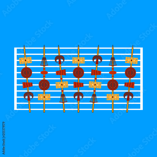 Colored kebab on the grill. Stylish shashlik on skewers with meat and vegetables on a blue background. Vector flat style