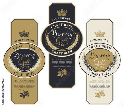 Set of three beer labels with wheat ears, hops, handwritten inscriptions, crown and place for text. Vector labels or banners for craft beer and brewery in retro style