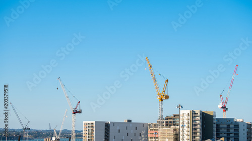 Cranes over the building with clear blue sky