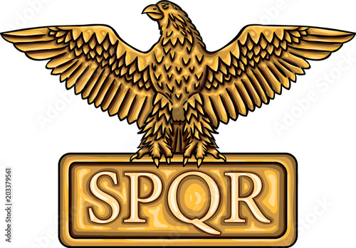 Golden emblem of Roman Empire SPQR with eagle. It means 