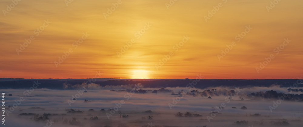 spectacular mist river over the river valley during the sunrise - Odra river, Germany around the town of Gartz