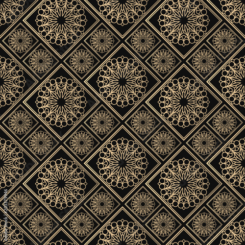 Islamic vector design. Seamless pattern oriental ornament. Black and golden textile print. Floral tiles.