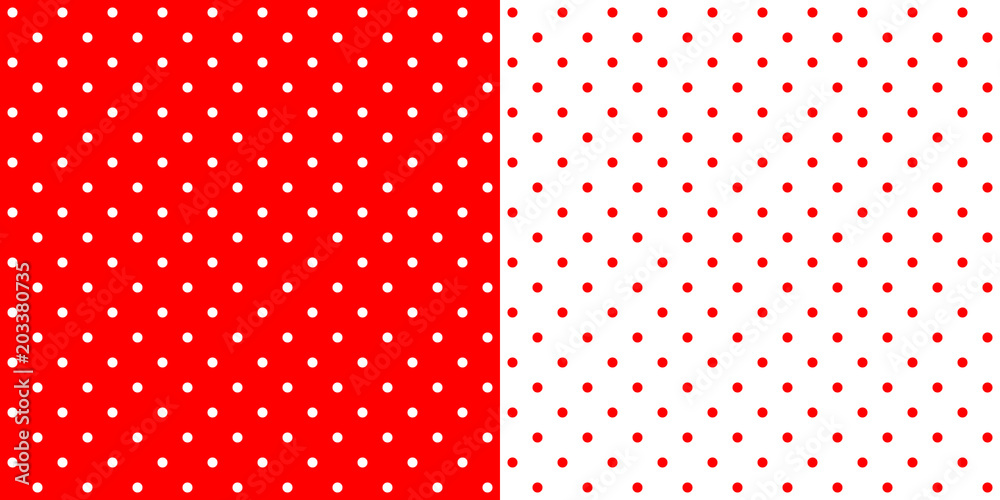 Bright red and white retro design polka dots background pattern, two inverted tiles