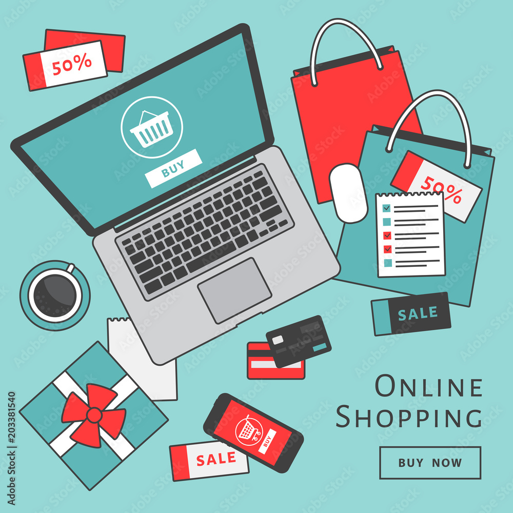 Online shopping concept. Online store objects and banner. Table with laptop, shopping bags, credit cards, gifts and coupons. Flat style, vector illustration.