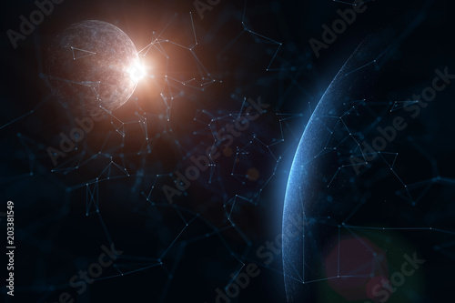 Futuristic planet networks with connections in the universe. View from space. Illustration background.