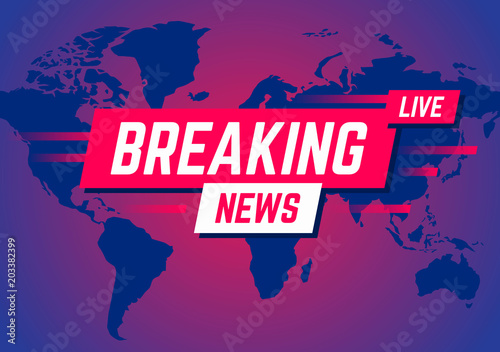 Breaking news. News broadcast and breaking news live on world map background. Vector illustration.