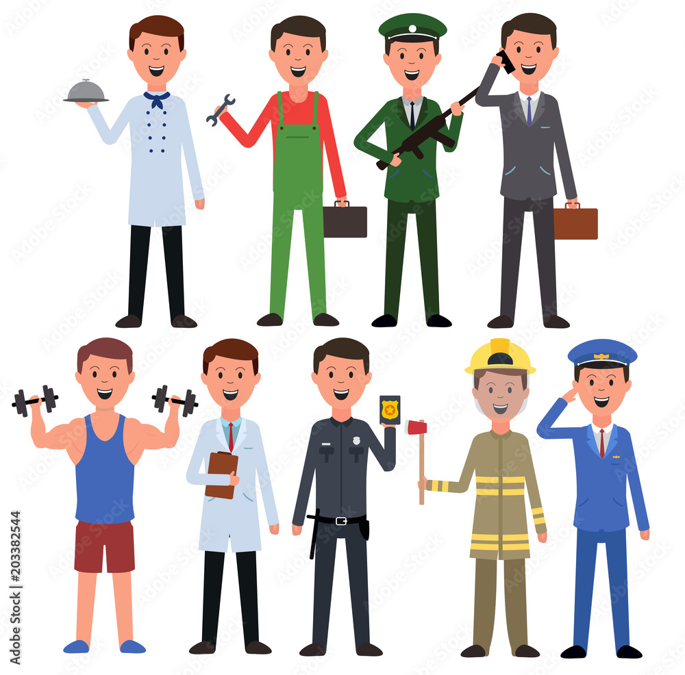 Vector set. Men  of different professions. Vector illustration. Smiling person. Eps 10