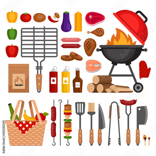 Bbq tools set. Barbecue grill  isolated elements. Flat style, vector illustration.