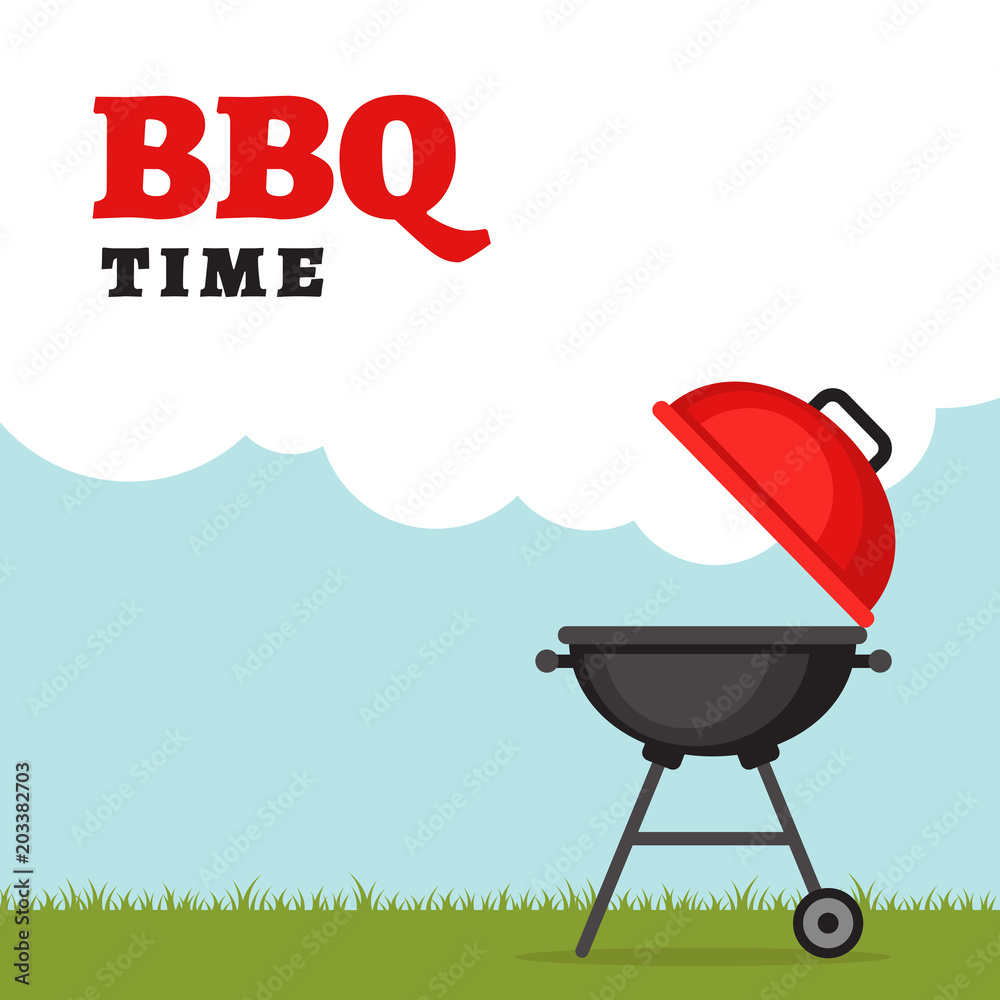 Vettoriale Stock Bbq party background with grill and fire. Barbecue poster.  Flat style, vector illustration. | Adobe Stock