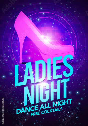 Vector illustration ladies night dancing event flyer poster template with high heeled shoes and glossy background