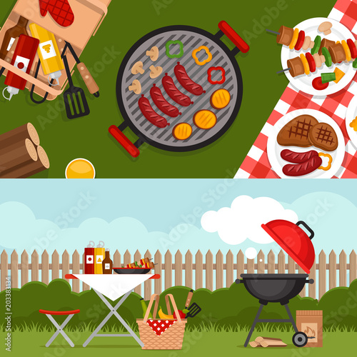 Bbq party background with grill. Barbecue poster. Flat style, vector illustration.