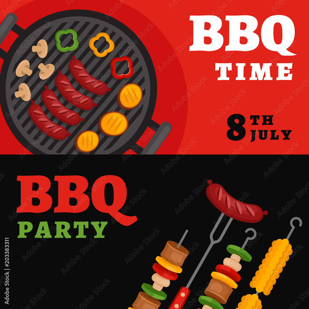 Bbq party background with grill. Barbecue poster. Flat style, vector ...