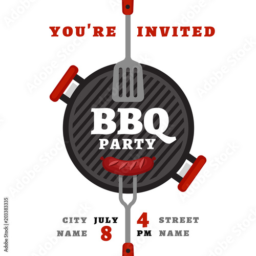 Bbq party background with grill. Barbecue poster. Flat style, vector illustration.