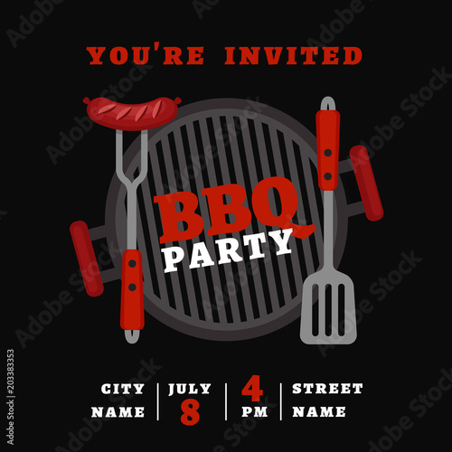 Bbq party background with grill. Barbecue poster. Flat style, vector illustration.