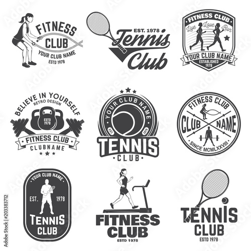 Set of fitness and tennis club concept with girls doing exercise and tennis player silhouette.