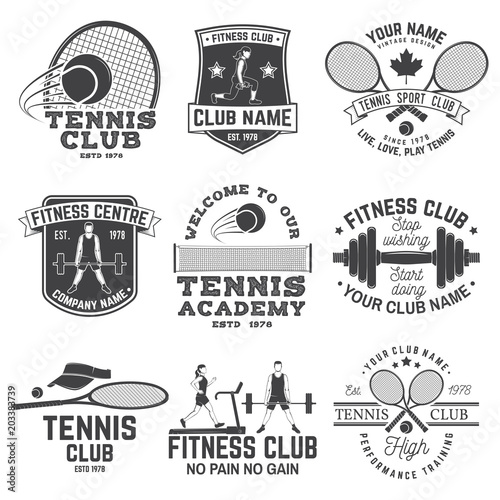 Set of fitness and tennis club concept with girls doing exercise and tennis player silhouette.