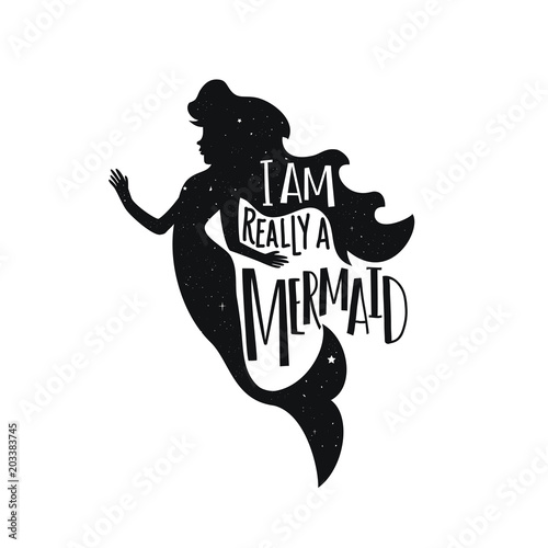 Vector illustration with long hair mermaid silhouette and lettering quote - Mermaid at Heart.