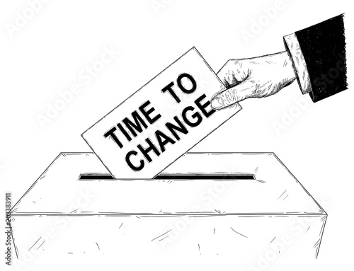Vector artistic pen and ink drawing illustration of voters or businessman hand putting envelope with time to change text in ballot box. Concept of elections.