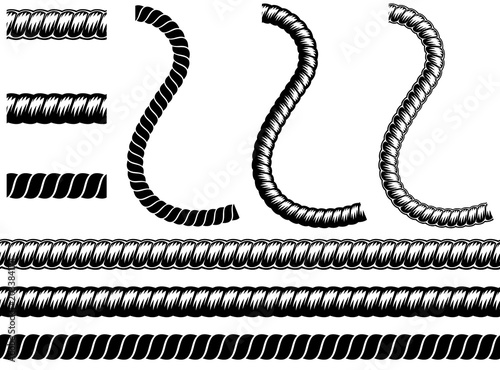 Monochrome set different rope in silhouette style. Seamless shape consisting of braided cord, for graphic design of logo, emblem, symbol, sign, badge, label, stamp, isolated on white background.