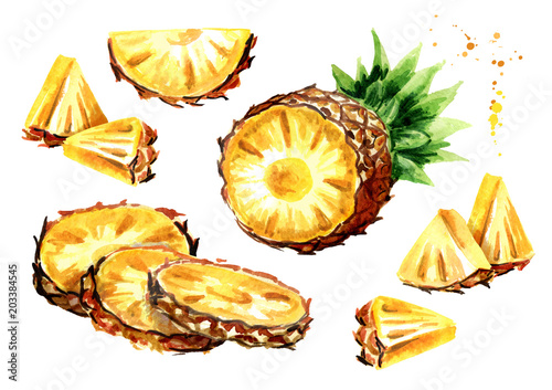 Pineapple set. Watercolor hand drawn illustration,  isolated on white background