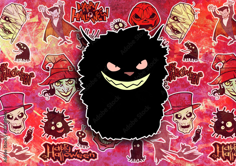 Obraz premium Cartoon halloween illustration set of diverse evil bizarre creatures and characters, vampires, zombies, monsters, imps, evil mascots
