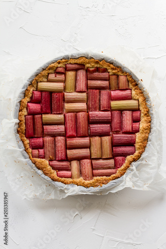 Rhubarb pie, cake, tart. Isolated. Different color of backgrounds.
