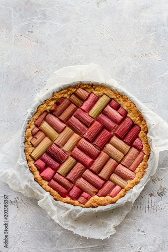 Rhubarb pie, cake, tart. Isolated. Different color of backgrounds.