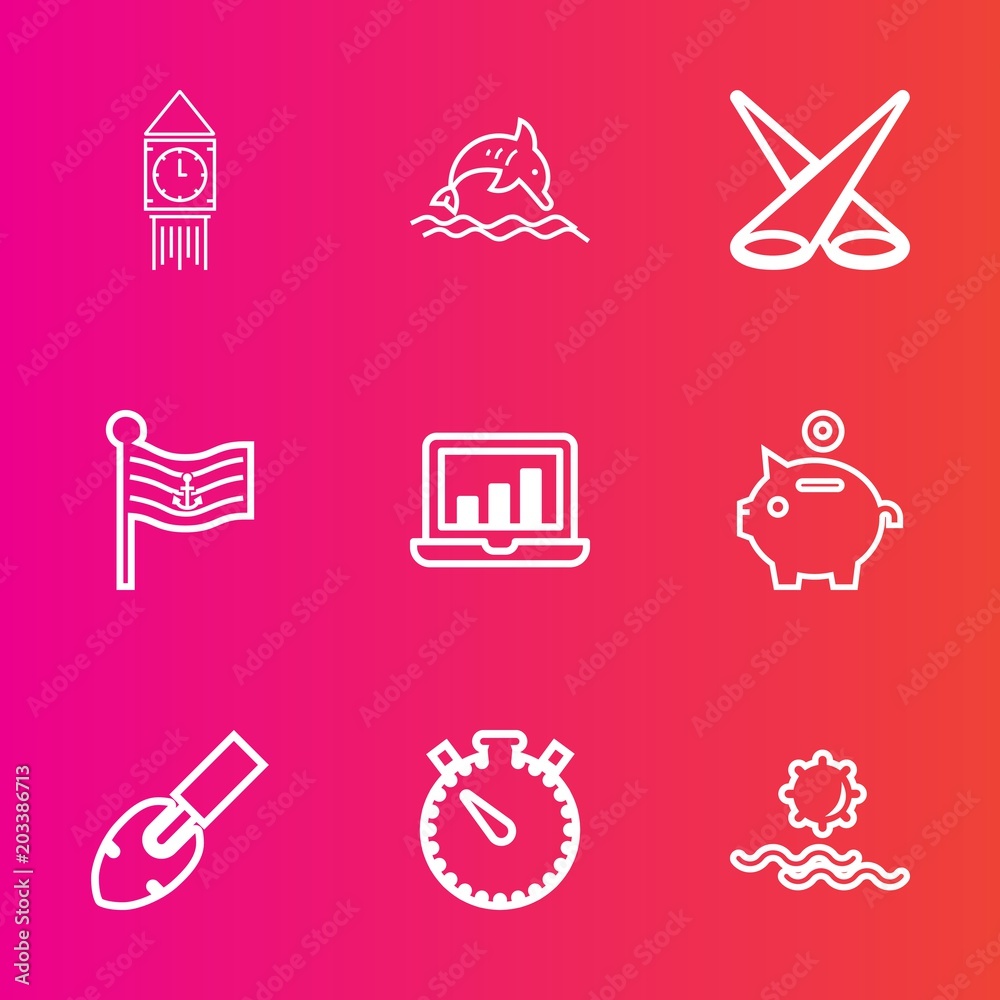 Fototapeta premium Premium set with outline vector icons. Such as marine, flag, light, equipment, investment, watch, blue, water, nature, wildlife, clock, computer, landscape, spotlight, graphic, america, sun, timer, uk