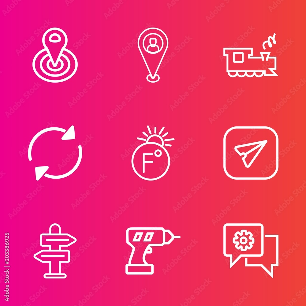 Premium set with outline vector icons. Such as speed, location, transportation, center, refresh, reload, drill, gps, point, sign, button, locomotive, equipment, way, train, rail, track, hand, work