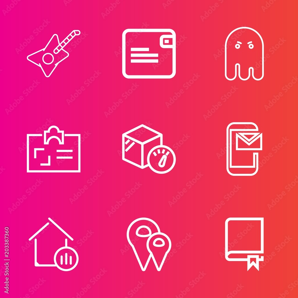 Premium set with outline vector icons. Such as money, business, music, pin, id, box, concert, map, sound, ghost, dollar, halloween, mail, road, card, rock, scary, wallet, email, estate, real, location