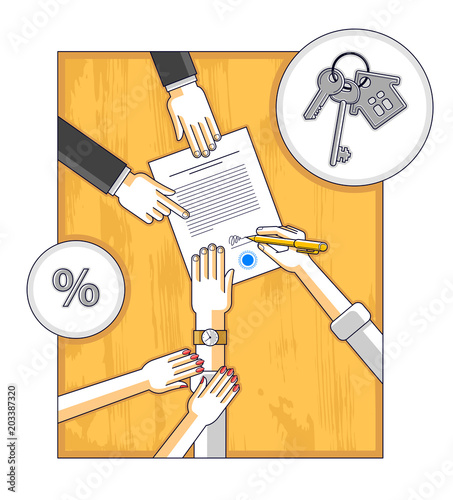 Man signs bank mortgage hypothec for real property house buying and his woman helps him to dare to make a decision and employee explains terms of loan, top view people hands and paper. Vector.