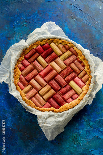 Rhubarb pie, cake, tart. Isolated. Different color of backgrounds.
