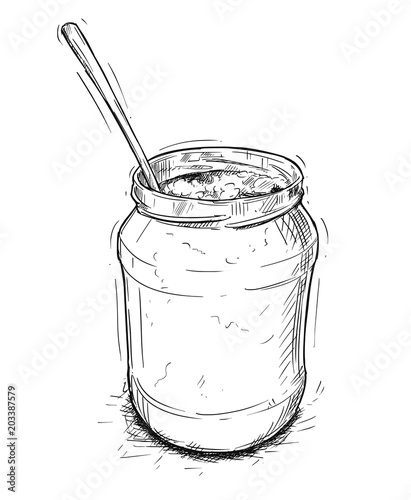 Vector artistic pen and ink drawing illustration of jam, marmalade or honey jar and spoon.