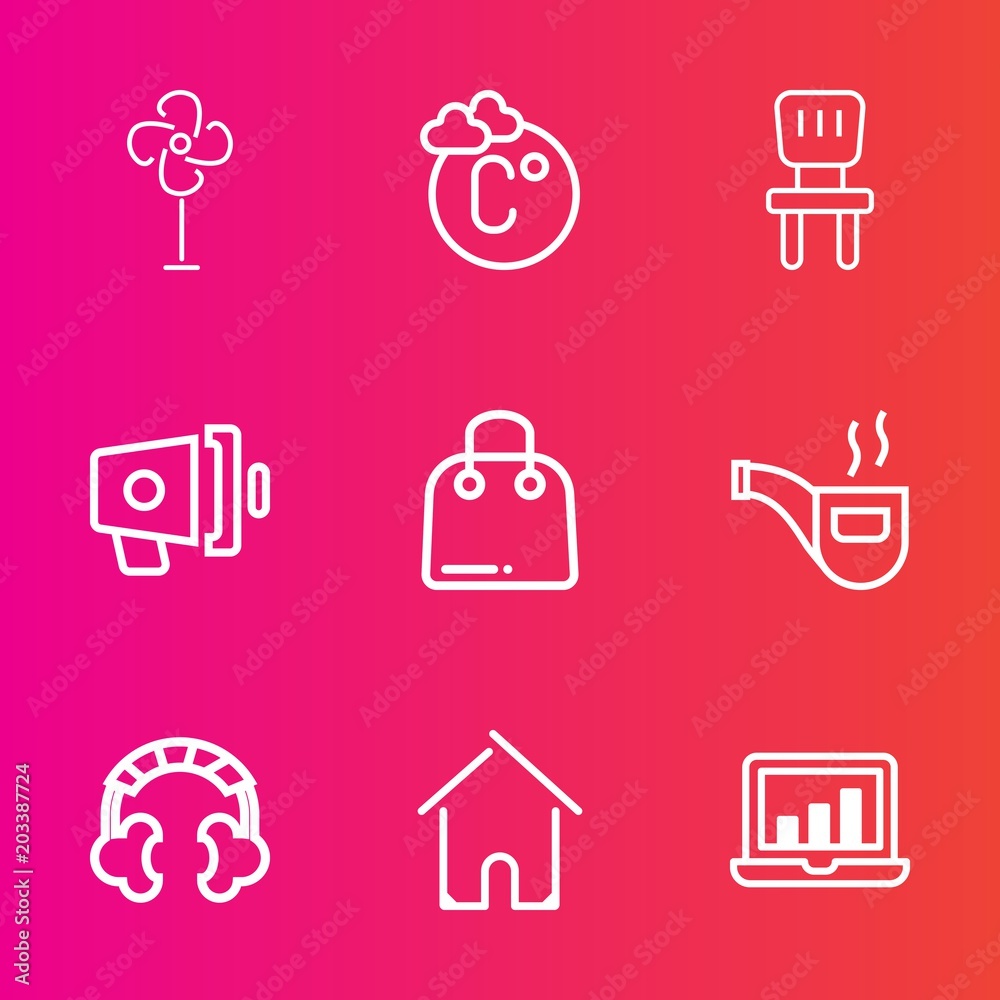 Premium set with outline vector icons. Such as chart, air, classic, rotation, megaphone, cool, tobacco, wind, scale, speaker, house, home, estate, retail, vintage, fahrenheit, sound, building, object Premium set with outline vector icons. Such as chart, air, classic, rotation, megaphone, cool, tobacco, wind, scale, speaker, house, home, estate, retail, vintage, fahrenheit, sound, building, object
