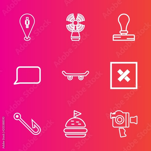 Premium set with outline vector icons. Such as camera, map, sea, skateboard, sign, paper, food, tomato, bread, travel, web, talk, handle, lighthouse, extreme, hook, location, bubble, envelope, video