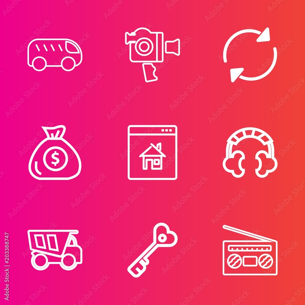 Fototapeta premium Premium set with outline vector icons. Such as traffic, transportation, financial, dumper, key, technology, dump, music, video, truck, professional, move, left, movie, arrow, money, car, finance, sign