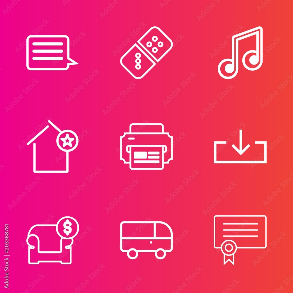 Premium set with outline vector icons. Such as sound, sign, melody, musical, home, bus, effect, internet, treble, strategy, web, interior, play, transport, printer, apartment, building, row, diploma