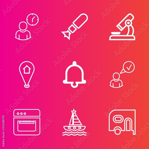 Premium set with outline vector icons. Such as research, online, alarm, hour, internet, microscope, cooking, notification, military, sea, boat, equipment, concept, office, location, minute, bomb, pin