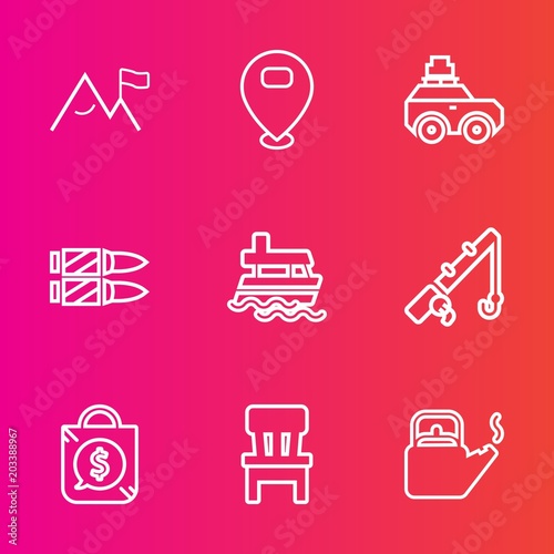 Premium set with outline vector icons. Such as sea, mountain, bag, chair, pin, car, fishing, kitchen, map, water, interior, luggage, ship, price, travel, rod, summer, rock, room, sport, comfortable