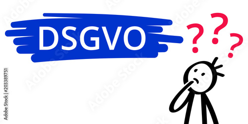 DSGVO, Datenschutzgrundverordnung, Strichmännchen, Fragezeichen, Mann hat viele Fragen, ahnungslos 