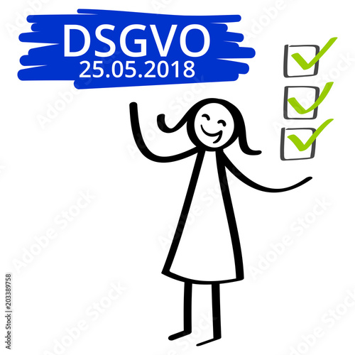 DSGVO, Datenschutzgrundverordnung, Frist bis 25.05.2018, Strichmännchen, Frau, Checkliste, alles erledigt