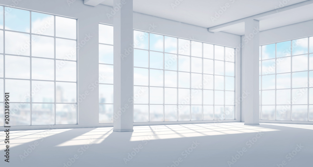 Fototapeta premium Empty modern bright interior with huge panoramic windows. 3d rendering