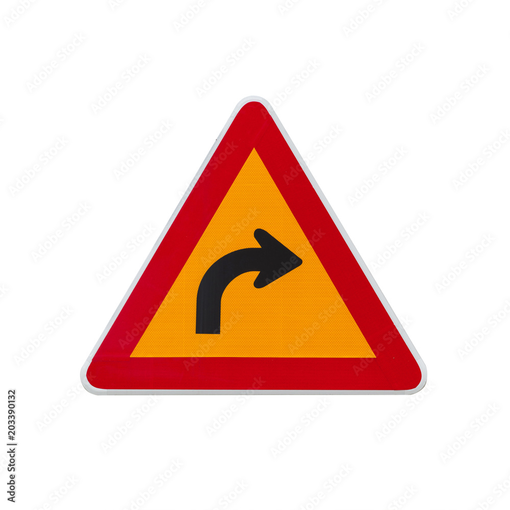 Dangerous turn right, warning traffic sign Dangerous turn right, warning traffic sign