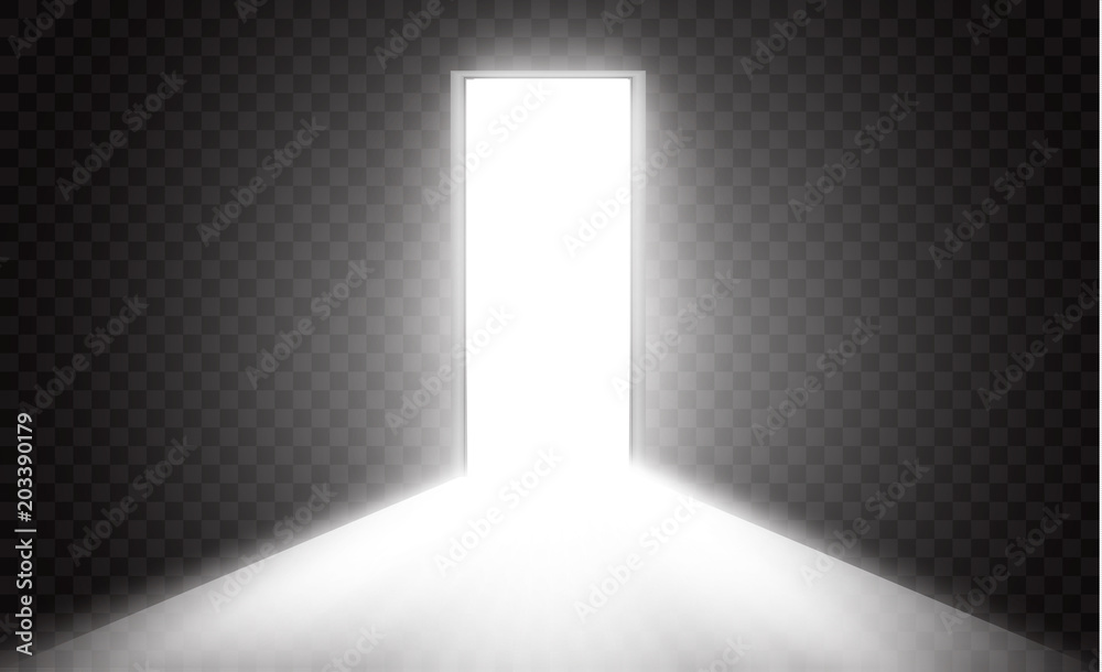 Open the door in a dark room with light passing through it. Light enters through the gap on a transparent background