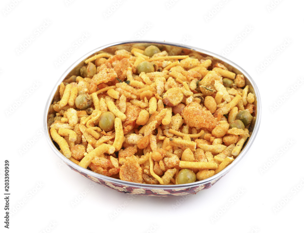 Indian Tasty Mix Namkeen Also Know as Namkin, Nimco and Mixture isolated on white background Indian Tasty Mix Namkeen Also Know as Namkin, Nimco and Mixture isolated on white background