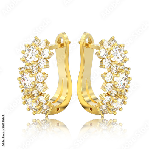 3D illustration isolated gold diamond earrings with hinged lock with reflection