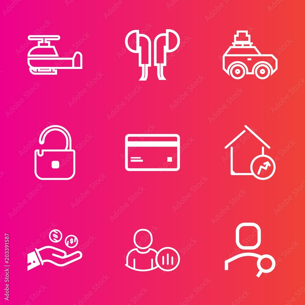 Premium set with outline vector icons. Such as audio, online, coin, device, aviation, house, profile, business, web, increase, flight, computer, debit, car, home, protection, helicopter, bag, card Premium set with outline vector icons. Such as audio, online, coin, device, aviation, house, profile, business, web, increase, flight, computer, debit, car, home, protection, helicopter, bag, card
