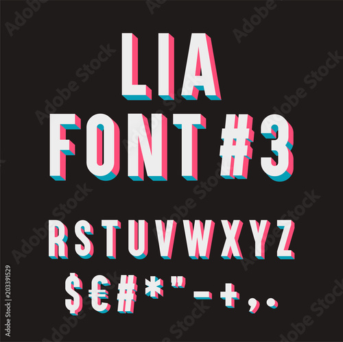 Lia Font #3. 3D Tipography set. R, S, T, U, V, W, X, Y, Z, Symbol of Dollar and Euro, Hash key, Hashtag, Asterisk, Quotation marks, Plus, less, point and comma.