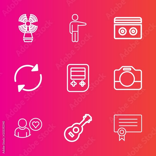 Premium set with outline vector icons. Such as audio, button, handle, navigation, diploma, young, lighthouse, people, musical, equipment, showing, hand, female, travel, profile, business, web, online